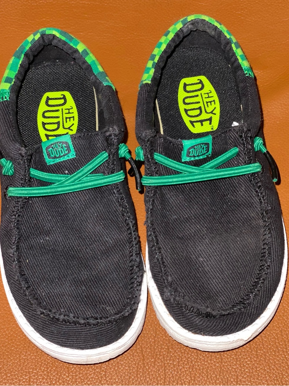 Hey Dude Kids Black Canvas Slip-Ons with Green Trim and Laces